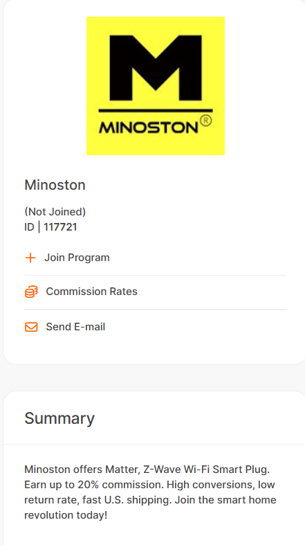 Awin advertiser listing for Minoston showing 'Not Joined' status and a Join Program button, illustrating the network's per-brand approval requirement.