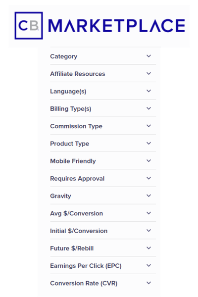 ClickBank Marketplace filter menu showing options to sort products by category, gravity, EPC, conversion rate, and other performance metrics