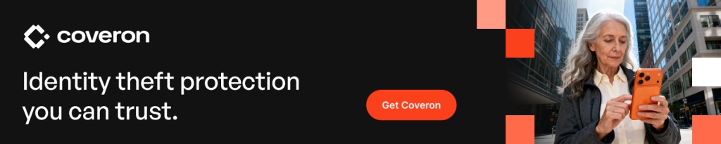 Coveron banner with tagline 'Identity theft protection you can trust' and Get Coveron button