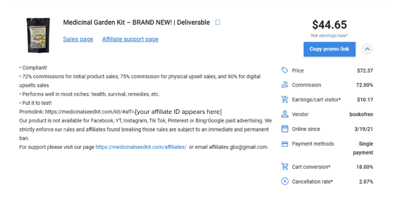 Digistore24 product listing for a gardening kit showing complete vendor details, an 18% cart conversion rate, and a 2.07% cancellation rate.