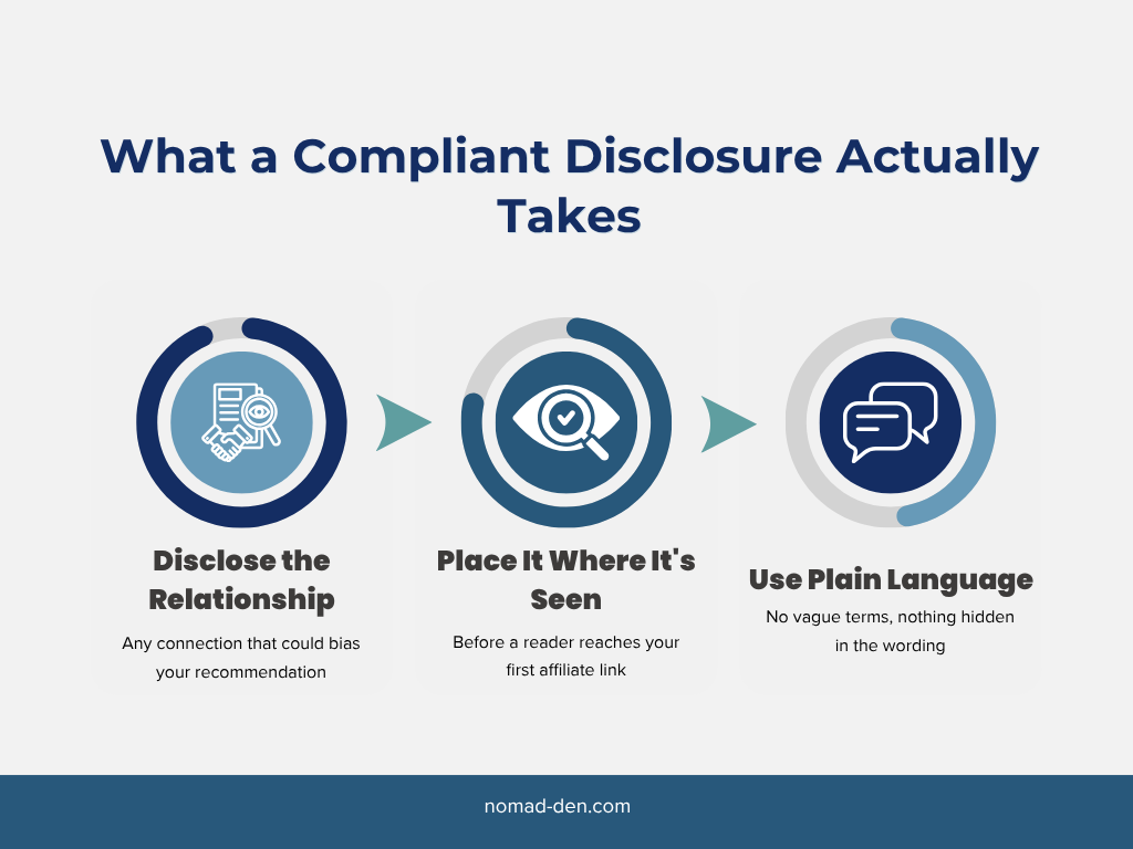 Three-step process for a compliant affiliate disclosure: disclose the relationship, place it where it's seen, and use plain language.