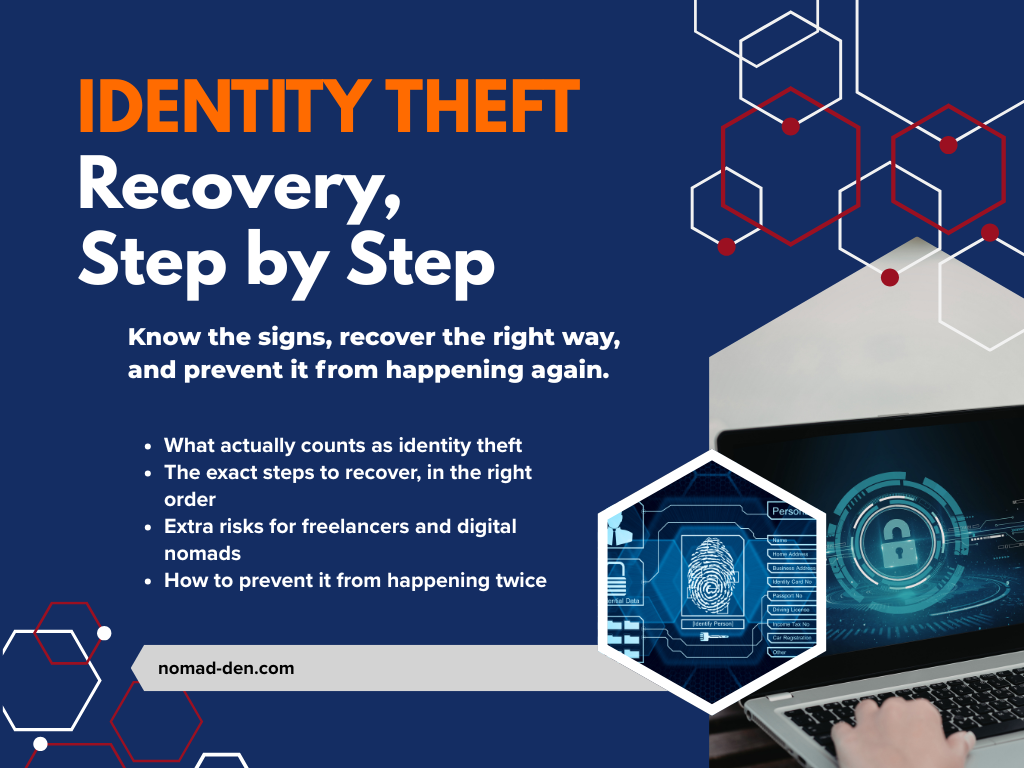 Featured image titled 'Identity Theft Recovery, Step by Step,' showing a digital fingerprint and identity data graphic beside a laptop with a lock icon, with bullet points covering what counts as identity theft, recovery steps, freelancer and digital nomad risks, and prevention