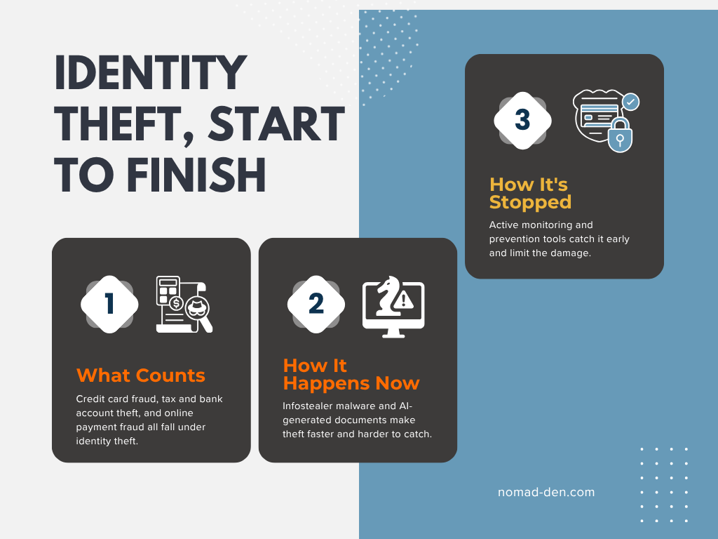 Three-step infographic showing identity theft progression: what counts as identity theft, how infostealer malware and AI make it happen now, and how monitoring and prevention stop it