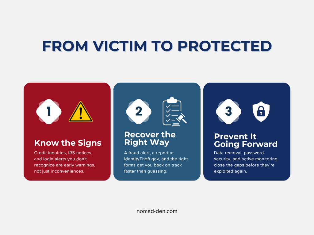 Three-pillar summary graphic titled 'From Victim to Protected': know the signs, recover the right way, and prevent it going forward