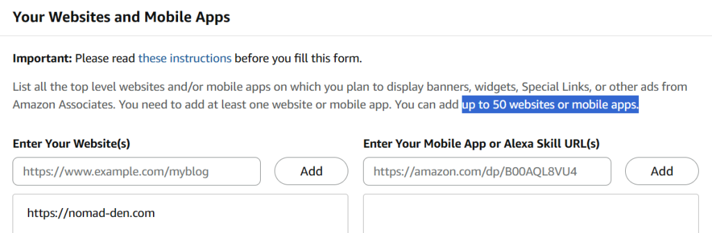 Amazon Associates signup screen showing the Website and Mobile App List step, where affiliates can register up to 50 sites or apps under one account.