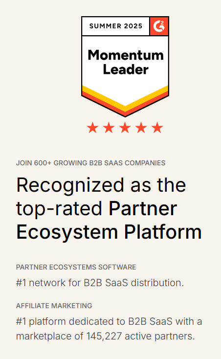 G2 Summer 2025 Momentum Leader badge recognizing PartnerStack as the top-rated partner ecosystem platform for B2B SaaS.