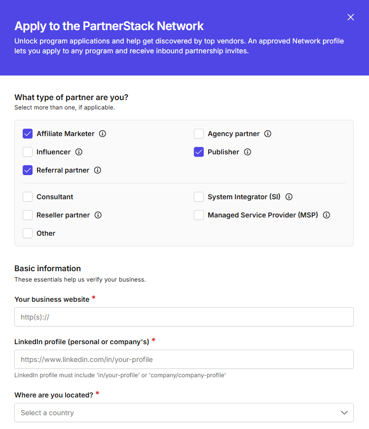 PartnerStack Network application form requiring a business website and LinkedIn profile.