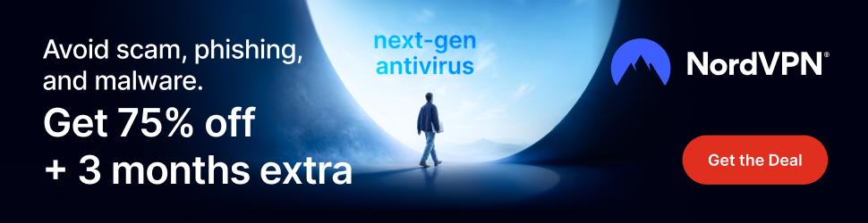 NordVPN banner: 'Avoid scam, phishing, and malware. Get 75% off plus 3 months extra,' next-gen antivirus badge, with a Get the Deal link