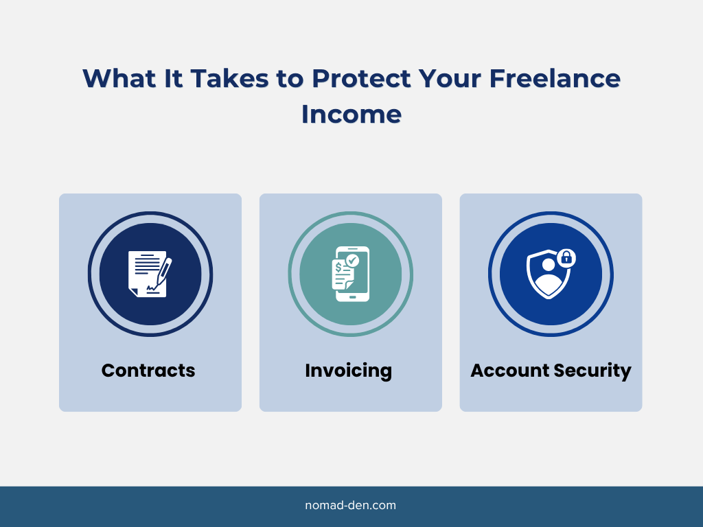 Three-category graphic titled 'What It Takes to Protect Your Freelance Income,' showing Contracts, Invoicing, and Account Security