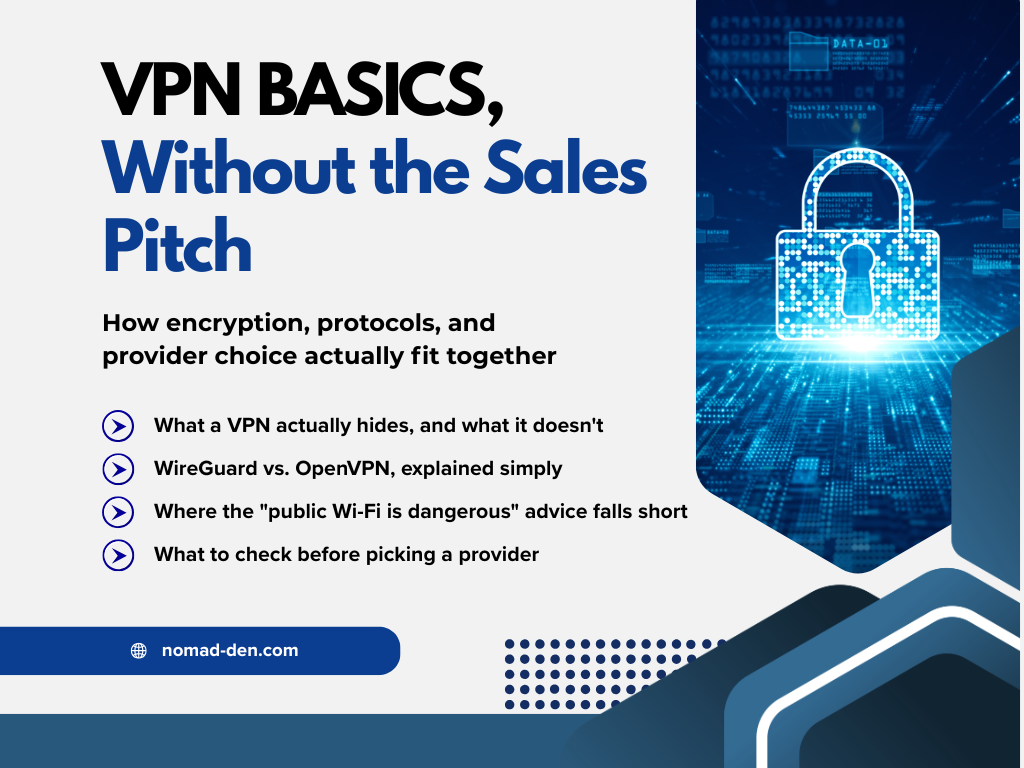 Featured image titled "VPN Basics, Without the Sales Pitch" with subtitle "How encryption, protocols, and provider choice actually fit together," a padlock over a digital background, and four bullet points covering what a VPN hides, WireGuard vs. OpenVPN, outdated public Wi-Fi advice, and what to check before picking a provider