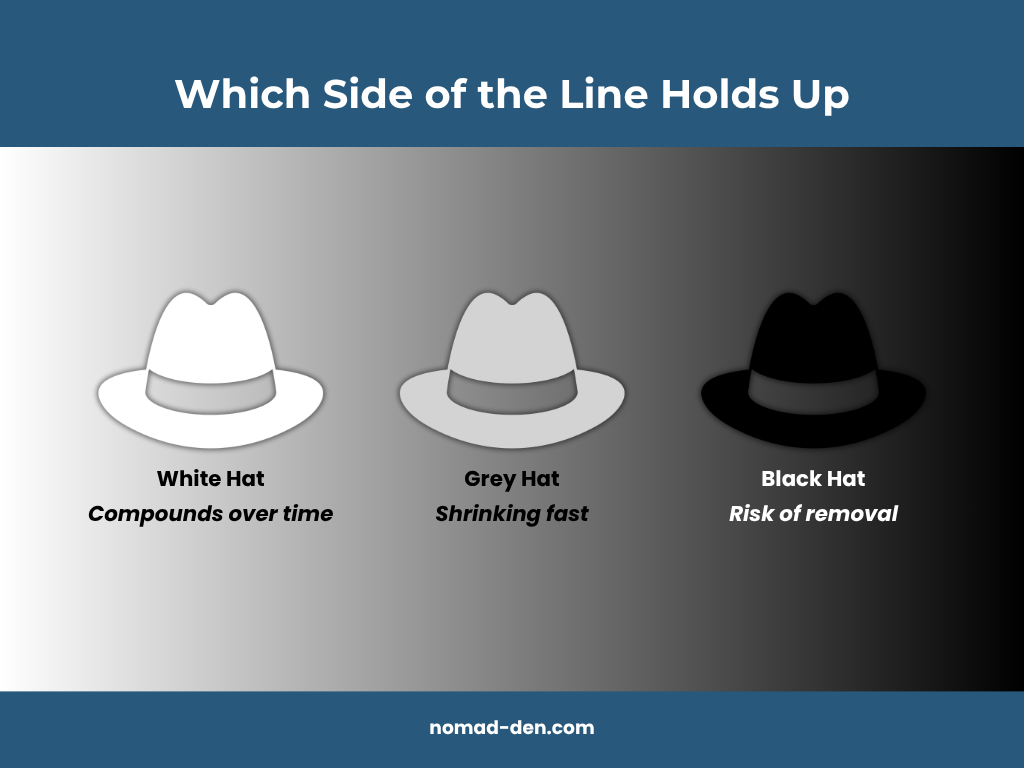 Three hats representing white hat, grey hat, and black hat SEO, labeled with their long-term outcomes: compounds over time, shrinking fast, and risk of removal