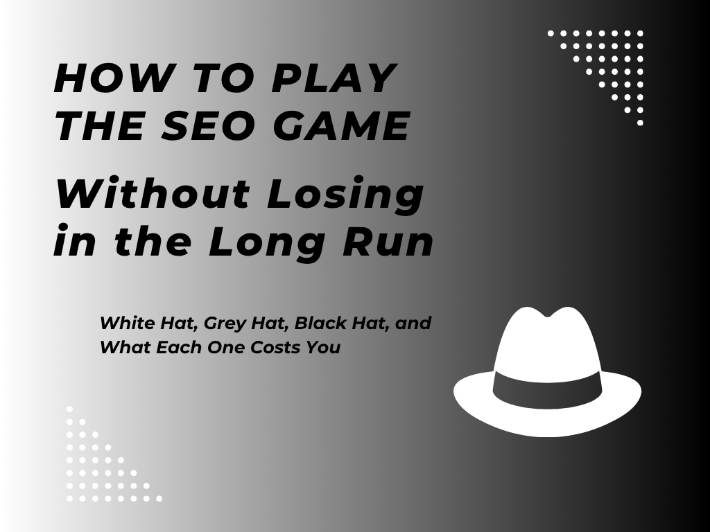 Featured image for a blog post on white hat, grey hat, and black hat SEO, showing a white hat over a black-to-white gradient with the title "How to Play the SEO Game Without Losing in the Long Run"