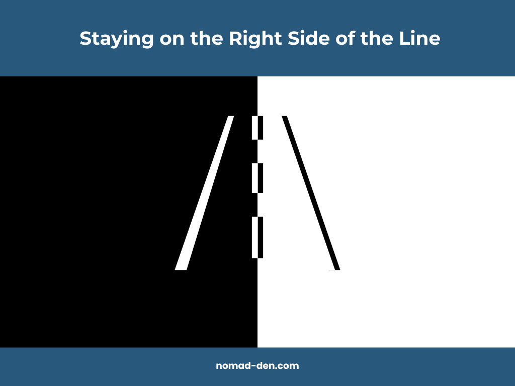 Illustration of a road split black and white with a dashed center line, symbolizing the divide between black hat and white hat SEO practices