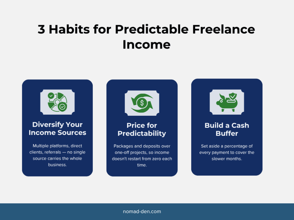 Infographic: 3 habits for predictable freelance income — diversify income sources, price for predictability, build a cash buffer