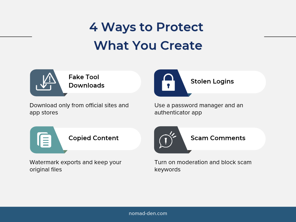 4 ways to protect what you create: download tools from official sources, use a password manager and authenticator app, watermark your content, and moderate comments