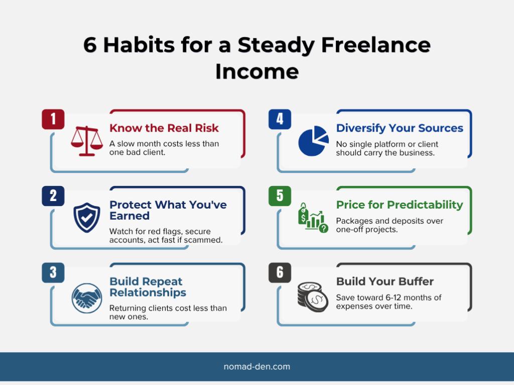 Infographic showing 6 habits for a steady freelance income: know the real risk, protect what you've earned, build repeat relationships, diversify your sources, price for predictability, build your buffer
