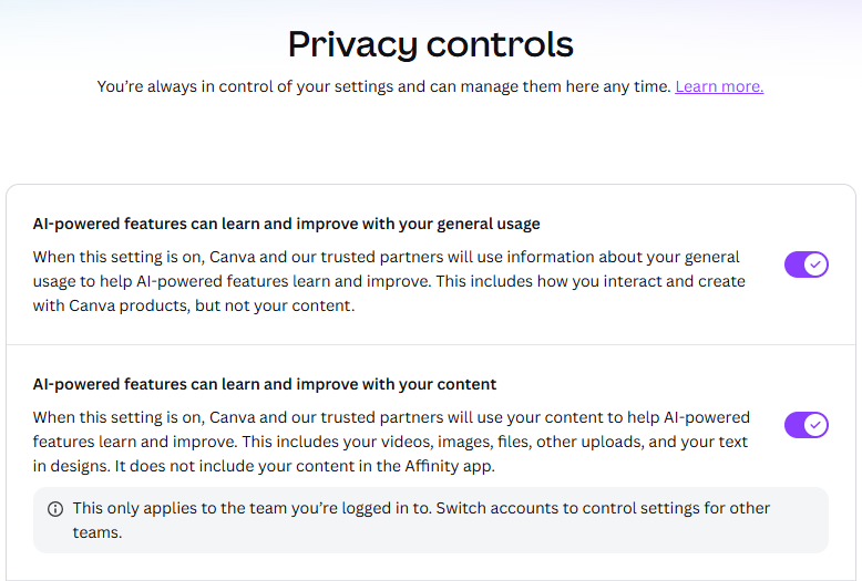 Canva privacy controls showing two AI settings, one for general usage and one for user content, both switched on