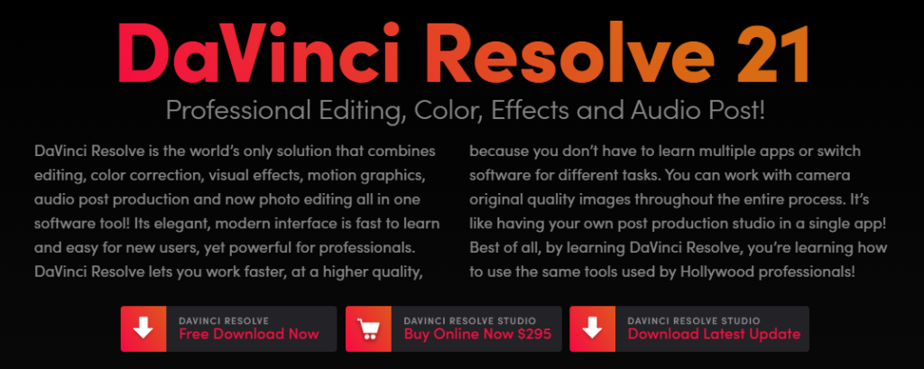 DaVinci Resolve 21 download page showing a free download next to DaVinci Resolve Studio for $295