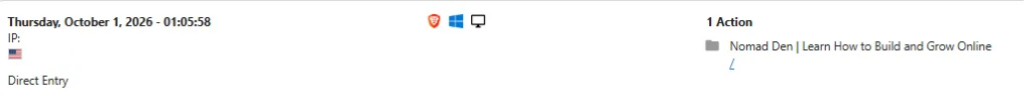 Matomo visit log recording a Brave browser visit to the Nomad Den homepage, after Google Analytics was blocked by Brave Shields
