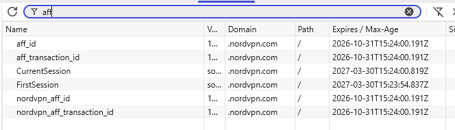 Browser developer tools showing NordVPN affiliate cookies set in Brave, with the affiliate ID cookies expiring in 30 days and session cookies in 6 months