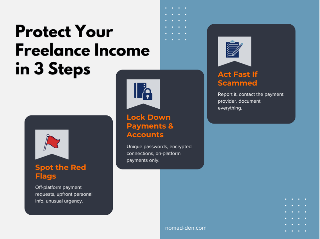 Infographic with 3 steps to protect freelance income: spot red flags, lock down payments and accounts, act fast if scammed