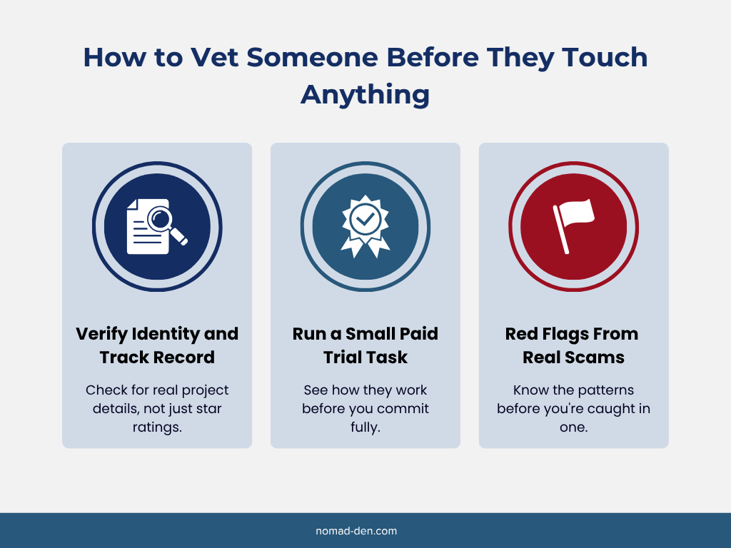 Three-panel graphic showing how to vet a freelancer: Verify Identity and Track Record, Run a Small Paid Trial Task, and Red Flags From Real Scams.