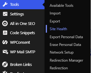 WordPress admin menu with Tools expanded and Site Health highlighted in the submenu