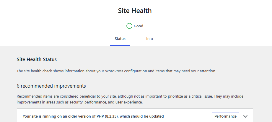 WordPress Site Health screen showing PHP 8.2.35 with a recommendation to update to a newer PHP version