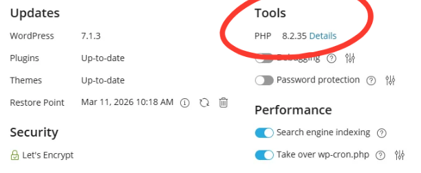Hosting control panel showing PHP version 8.2.35 alongside WordPress 7.1.3 and plugin update status