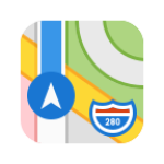 Apple Maps logo – a simplified map view featuring a blue navigation arrow and highway 280 marker on a multicolored street grid background.