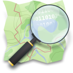 OpenStreetMap logo featuring a magnifying glass over a green folded map with red route lines and binary numbers visible under the lens.